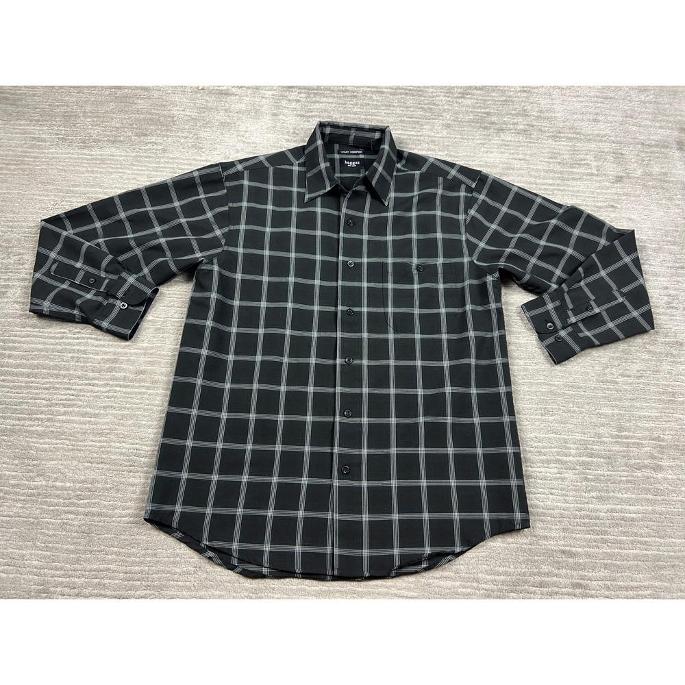 Haggar Button Front Men M Black Plaid Luxury Microfiber Long Sleeve Shirt Pocket